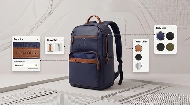 Backpack configurator with colour, zipper and engraving options