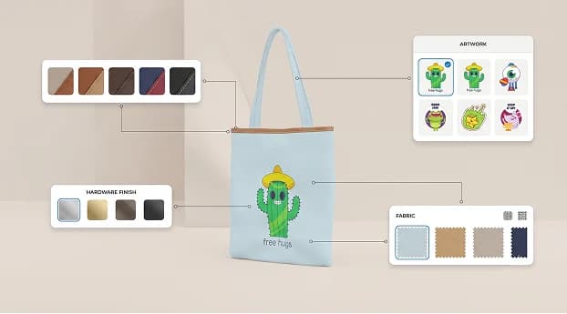 Tote bag configurator with artwork, fabric and hardware options